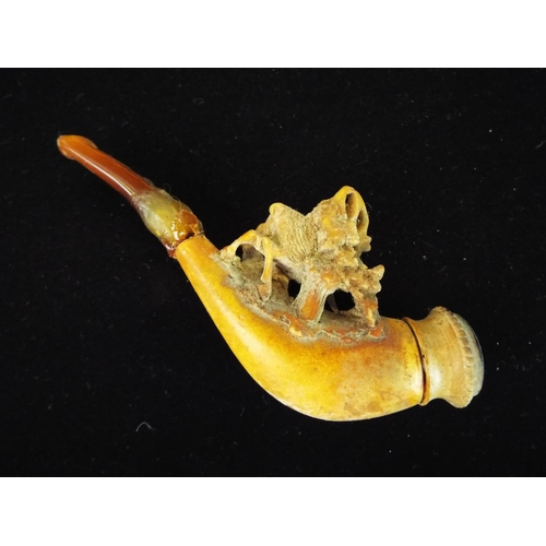 115 - Victorian Meerschaum carved pipe, leather case, depicting forest creatures. German made