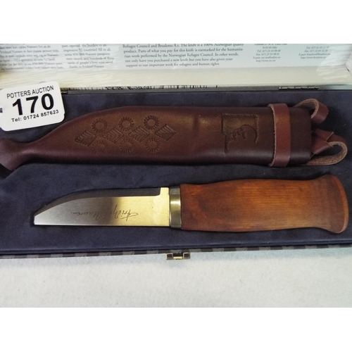 170 - As new in presentation box, Fridtjof Nansen steel knife with leather scabbard