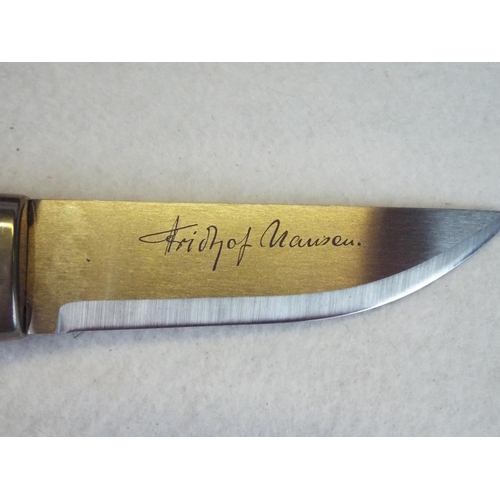 170 - As new in presentation box, Fridtjof Nansen steel knife with leather scabbard