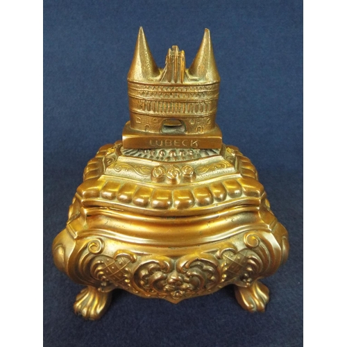 43 - Interesting Bronze Alloy lined keepsake box of Lubeck Holstentor plus matching ashtray, C1920's exce... 