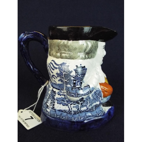 7 - Old Staffordshire toby jug with Blue and white willow pattern coat. C1850's..6 incches tall. Excelle... 