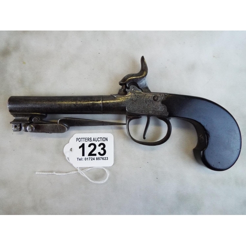 123 - Early to mid Victorian percussion pistol with spring mounted bayonet.