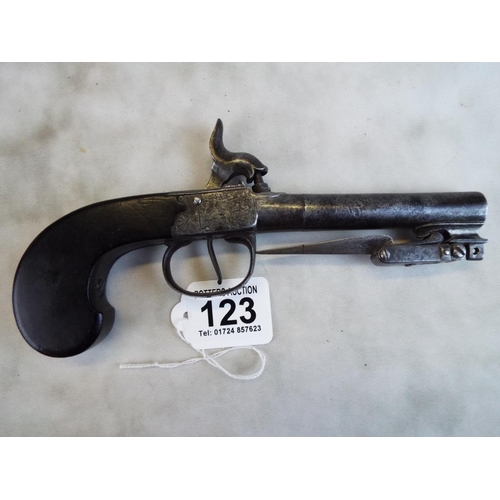 123 - Early to mid Victorian percussion pistol with spring mounted bayonet.