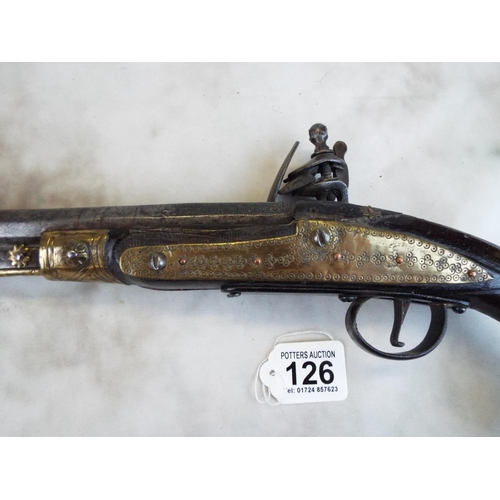 126 - Large flintlock blunderbuss style pistol. Possibly Indian made, RAJ era. Etched decorated barrel. So... 