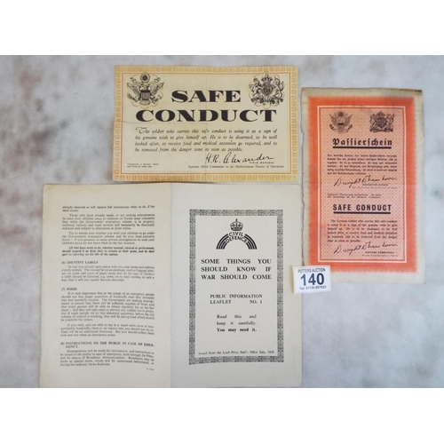 140 - Original WW2 German and Allied safe conduct passes plus civil defence leaflet.