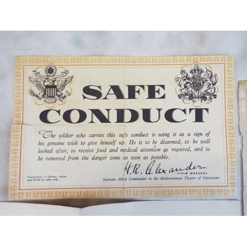 140 - Original WW2 German and Allied safe conduct passes plus civil defence leaflet.