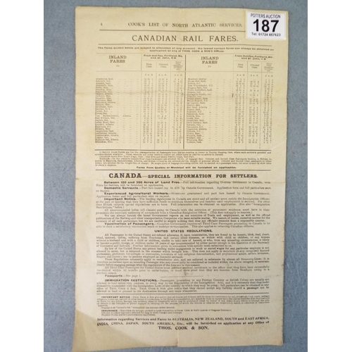 187 - 1923 Timetable of ships, trains etc, Cooks North Atlantic Services.