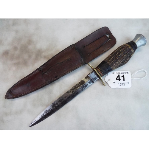 41 - 1940's Stiletto dagger with antler handle. Leather scabbard, WW2 era.