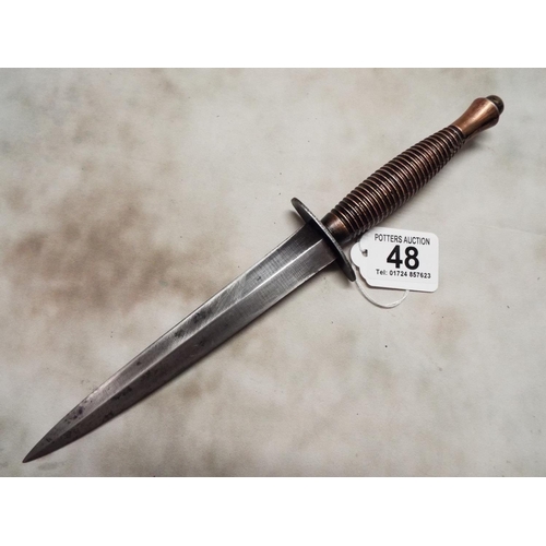 48 - Mk 3 Faribairn Sykes Commando Knife with Bronzed Handle and original leather scabbard. William Roger... 