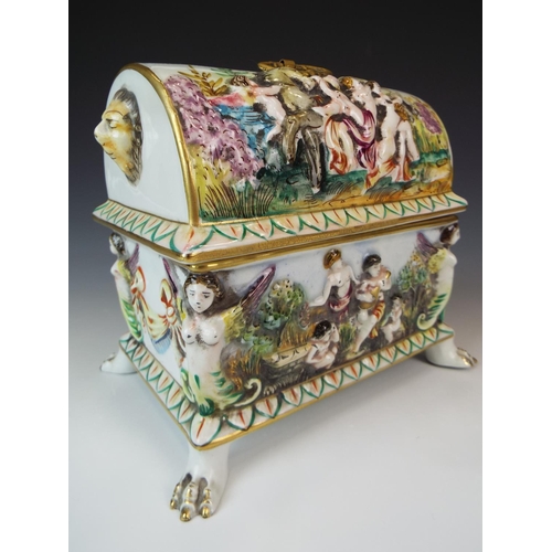 2 - Beautiful lidded Capo Di Monte box with lion paw feet. Dectorated with Classical figures and garland... 