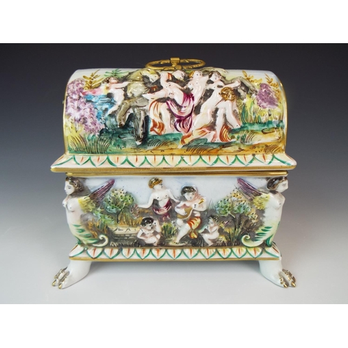 2 - Beautiful lidded Capo Di Monte box with lion paw feet. Dectorated with Classical figures and garland... 