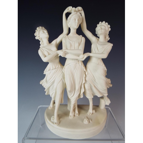 35 - Lovely hand carved alabaster figurine of a trio of classical ladies.  9 inches tall.