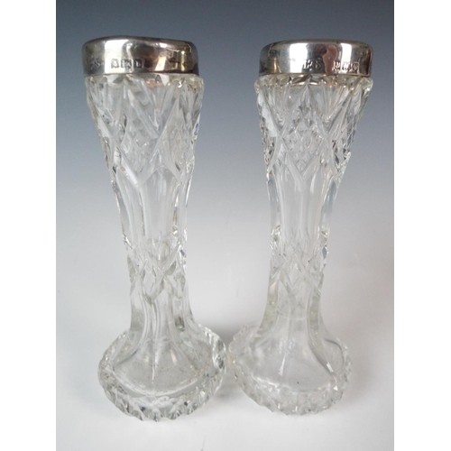 37 - Pair of Cut glass silver topped bud vases. Hallmarked for Birmingham 1901, Levi & Salaman.   4 inche... 