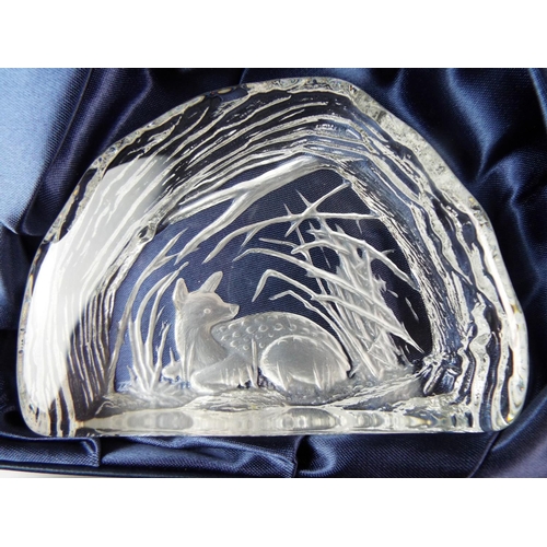 42 - Hand made, Dartington Crystal 3D paperweight of a deer. Original silk lined box.