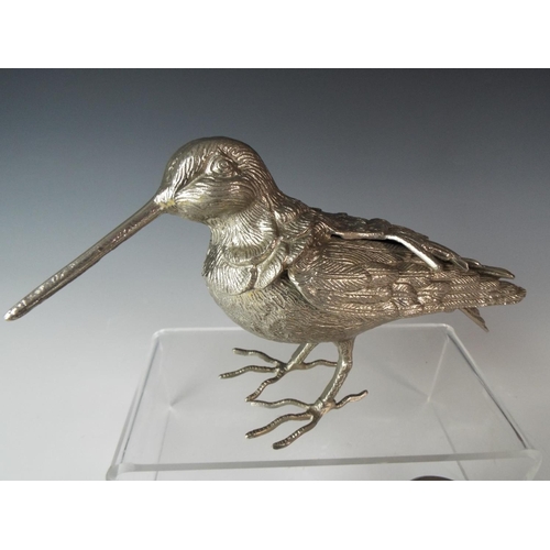 49 - Large White metal model of a wading bird , 9 inches long plus a pair of stubby candlesticks with gra... 