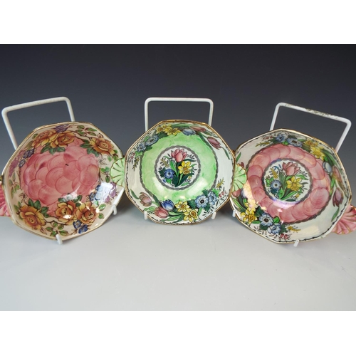 6 - Three pretty Maling Lustre octagonal dishes with leaf handles. Decorated in roses and spring flowers... 