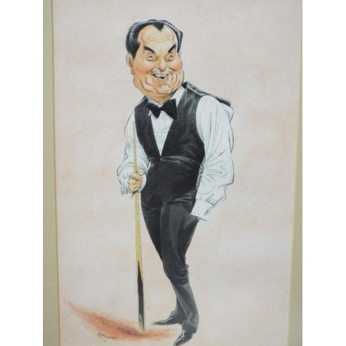 Five framed and mounted caricature prints of famous Snooker Players.