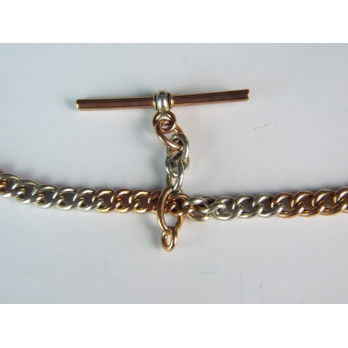 134 - Victorian Era 9ct Yellow and White Gold Albert chain with sliding tee bar. Some links bear faint rub... 