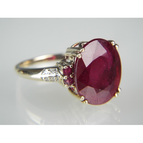 158 - 9ct Gold Large Cultured Ruby set statement ring (150 x 120 mm) with Diamonds to shoulders.  Finger s... 