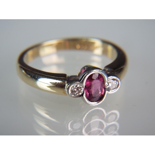 161 - 9ct Ruby set ring with twin Diamonds in attendance. Finger size 'L5-M'  2.3g