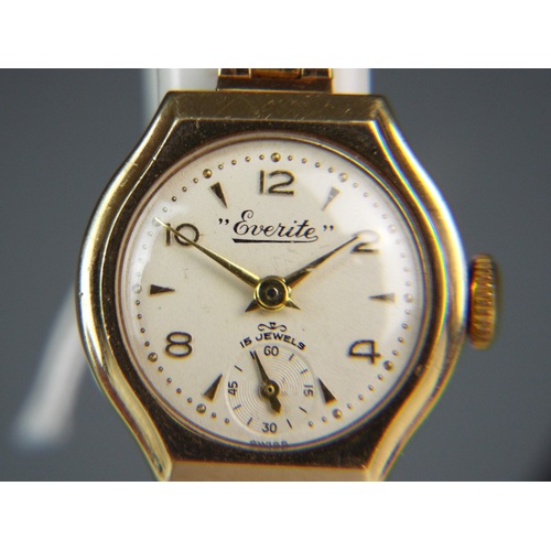 183 - 1950's Everite 15 Jewel Ladies swiss watch. 9ct Gold case, Gold covered expanding strap, good runnin... 