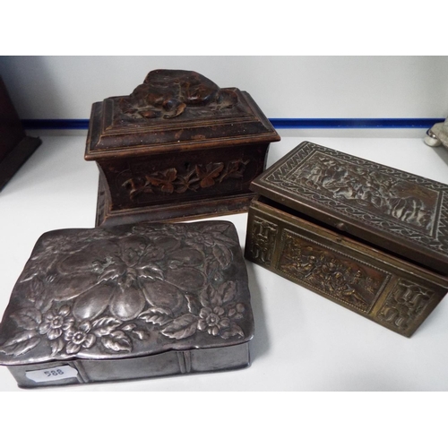 588 - Hand carved wooden trinket box plus one of pewter, one ceramic.