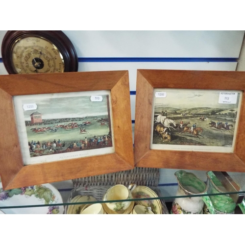 593 - Two hand tinted victorian prints in modern frames.