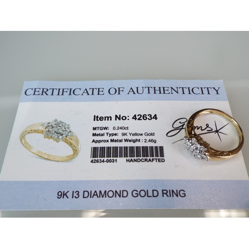 140A - 9ct Yellow Gold ring set with approx 0.25pts of African White Diamonds in a cluster pattern. 
Finger... 