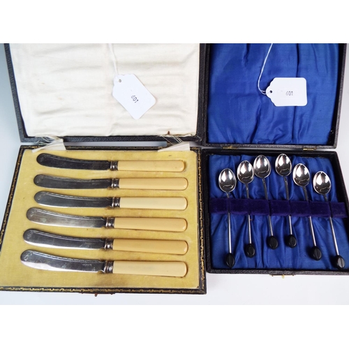 601 - Set of A1 Silver plate coffee bean spoons plus a set of vintage butterknives. Both in original boxed... 