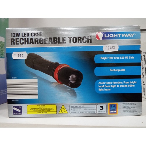 914 - 12W LED Re-Chargable torch. Boxed and unused.