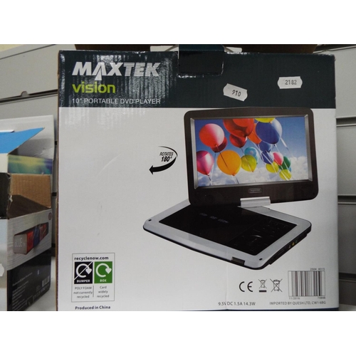 910 - Maxtec. 10 inch portable DVD player. Boxed and unused.