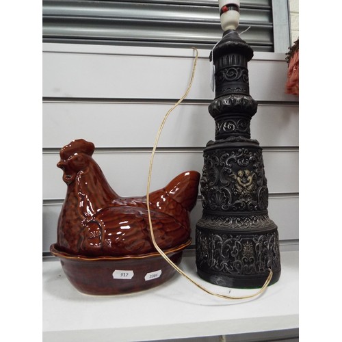 917 - Egg crock plus large ceramic Gothic table lamp base.