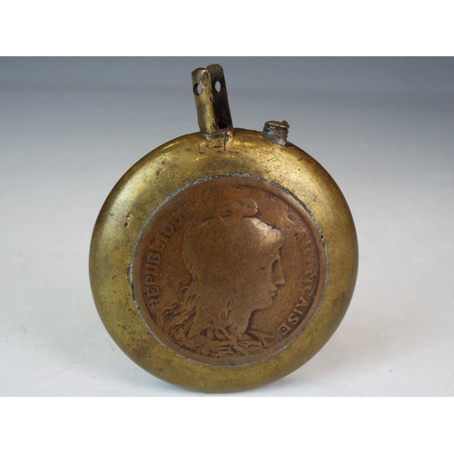 64 - WW1 Trench art lighter with British and French copper coins to sides.