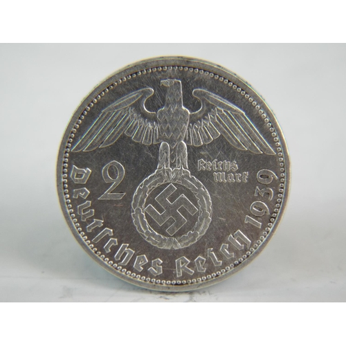 74 - 1939 Silver Hindenburg Two Reichmark coin.