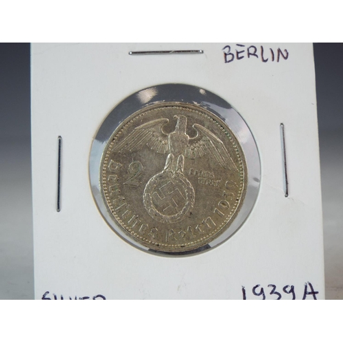 82 - 1939 Silver Hindeburg two Reichmark coin.