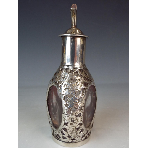 216 - Lovely three sided glass scent bottle encased in decorative pierced Sterling Silver featuring stylis... 