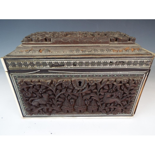 355 - Lovely old Indian 19th Century possibly grand tour tea caddy. Intricate carved panels and interior l... 