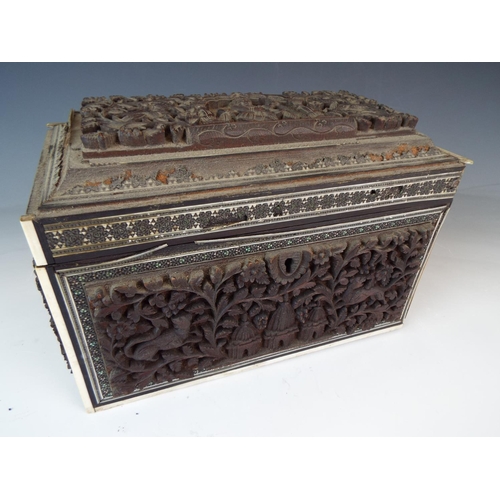 355 - Lovely old Indian 19th Century possibly grand tour tea caddy. Intricate carved panels and interior l... 