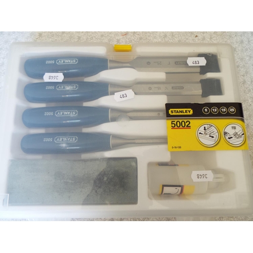 483 - Stanley Chisel set with sharpening stone. Unused in presentation case.