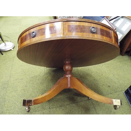 591 - Large drumhead coffee table with eight perimeter drawers.  H:21 x 36 Inch Diameter top. Stands on Ce... 