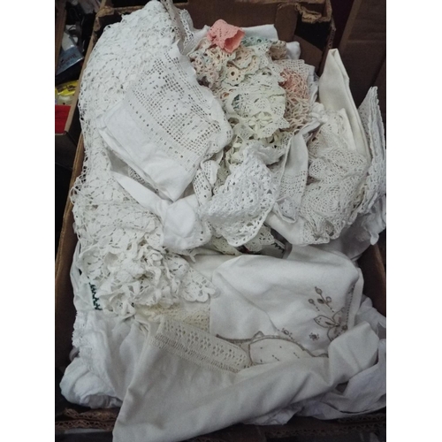 1149 - Large box of assorted crochet table cloths etc