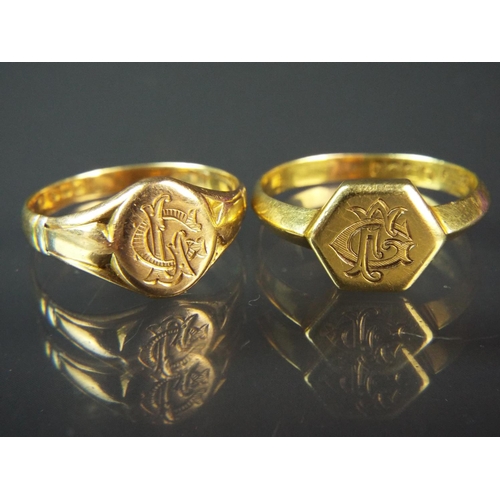 143 - Pair of 18ct Signet rings set with family initials engraved to faces.   9.4g total