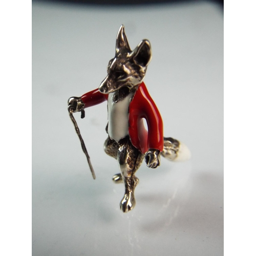 160 - 925 Silver Gentleman fox with painted white waistcoat and red hunting jacket. 30mm tall.