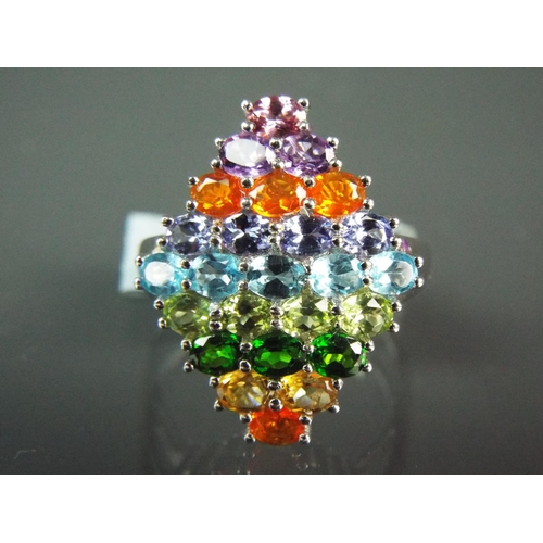 162 - Large Sterling silver grand cluster ring set with various gemstones in rainbow colours. With COA.   ... 