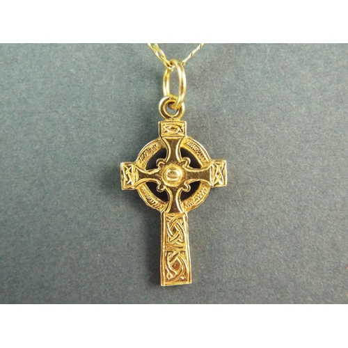 169 - 9ct Celtic Cross pendant set on a 9ct box link 17 inch chain.  Overall weight. 3.7g