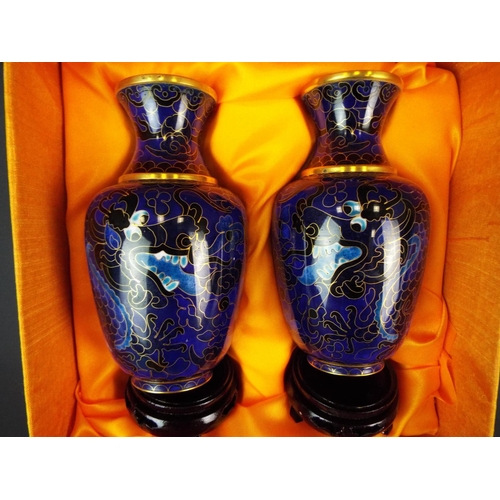 22 - Lovely matched pair of Chinese Cloisonne Dragon vases with original silk lined presentation box. Rai... 