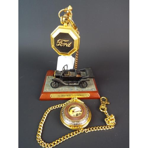 225 - Franklin Mint Mechanical pocket watch with yellow metal chain on a Ford model T stand plus one other... 