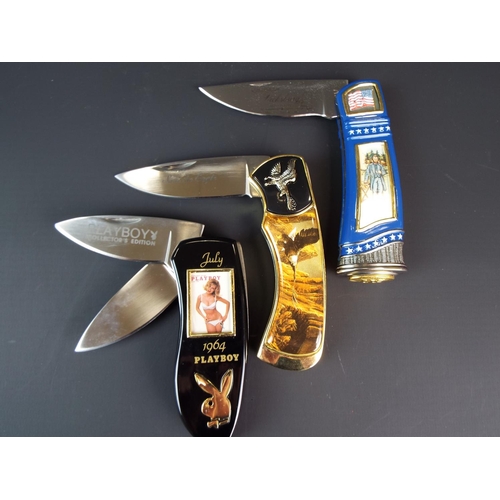 227 - Three Franklin mint collectable folding pocket knives with padded soft cases. As new condition.