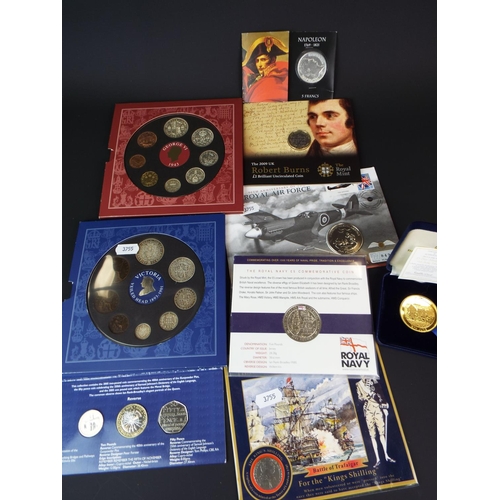 249 - Selection of British UK coins in presentation packs, Victorian, George Vth, Navy & Airforce £5 coins... 