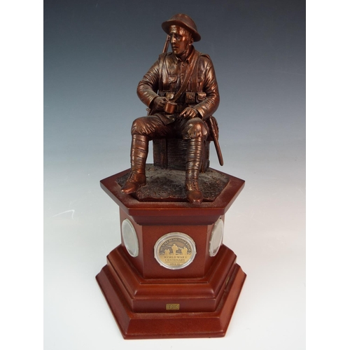 264 - Franklin Mint WW1 Commemoration statue in Bronze effect resin raised on wooden plinth. Plinth has co... 